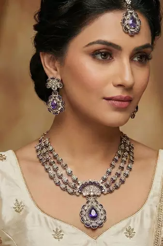 Blue yellow gold premium designer american diamond and stone work necklace set