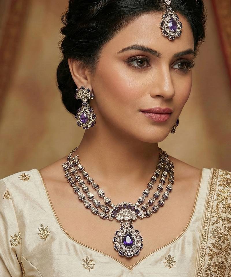 Blue yellow gold premium designer american diamond and stone work necklace set