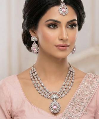 Pink yellow gold premium designer american diamond and stone work necklace set 1