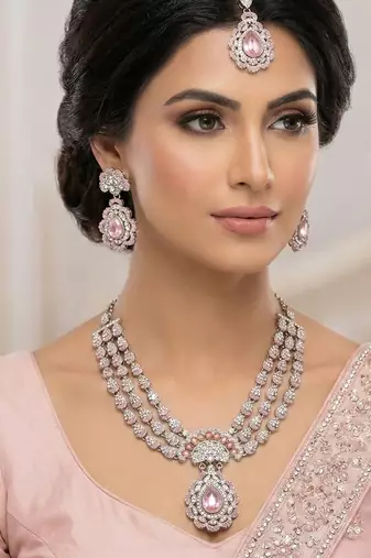 Pink yellow gold premium designer american diamond and stone work necklace set