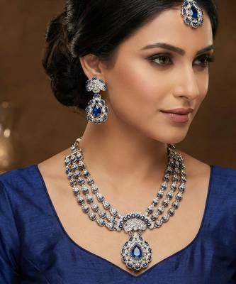 Blue yellow gold premium designer american diamond and stone work necklace set 1
