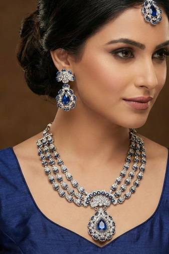 Blue yellow gold premium designer american diamond and stone work necklace set