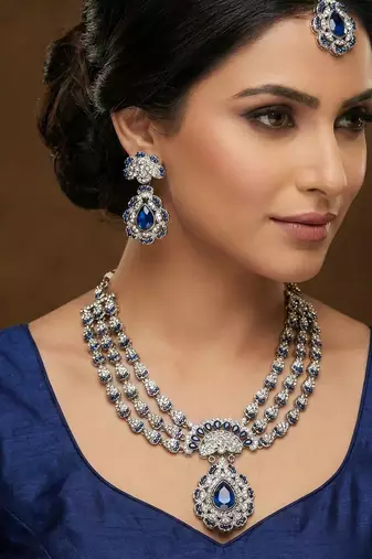 Blue yellow gold premium designer american diamond and stone work necklace set