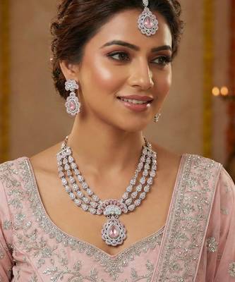 Pink rhodium premium designer american diamond and stone work necklace set 1