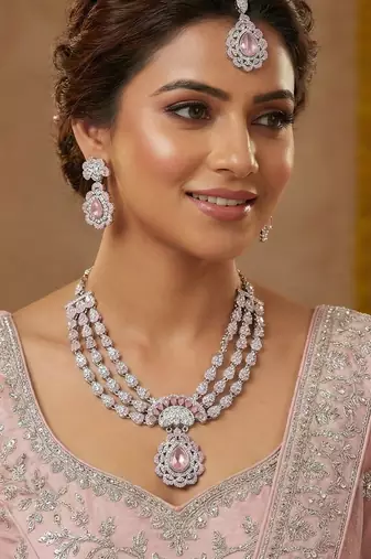 Pink rhodium premium designer american diamond and stone work necklace set