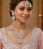 Pink rhodium premium designer american diamond and stone work necklace set