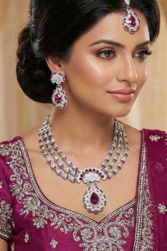 Purple rhodium premium designer american diamond and stone work necklace set