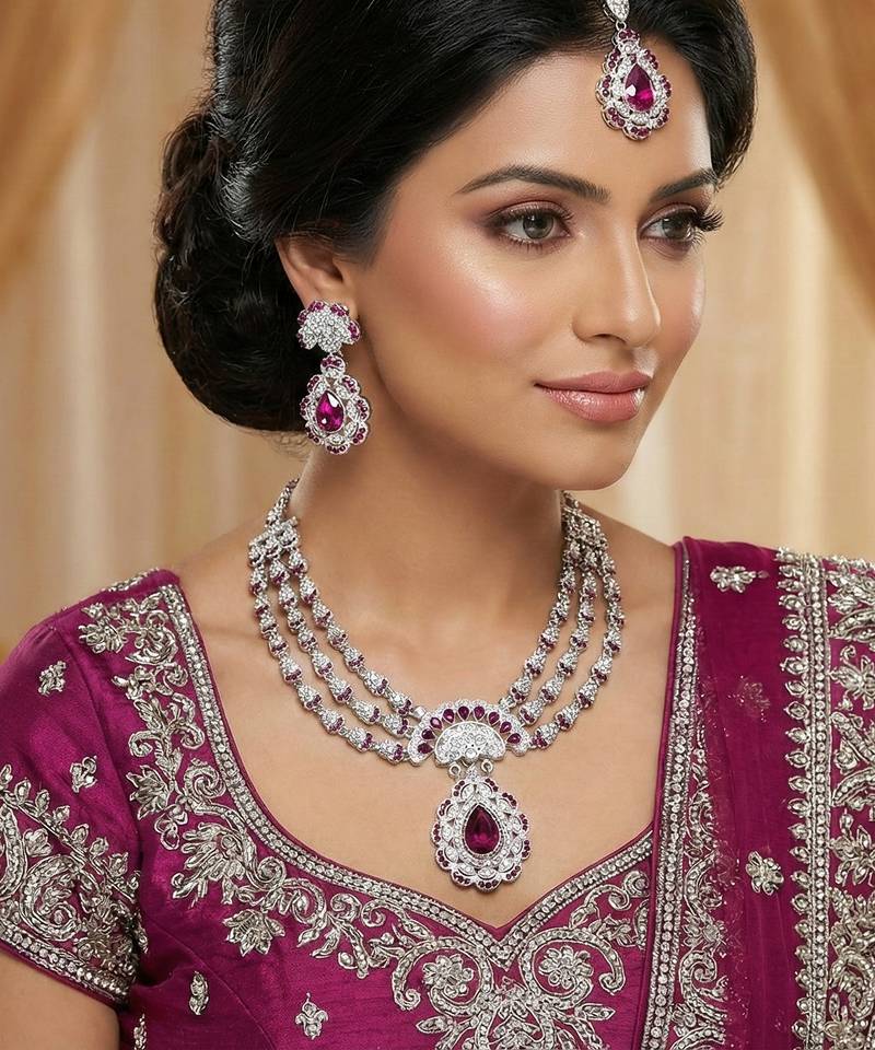 Purple rhodium premium designer american diamond and stone work necklace set