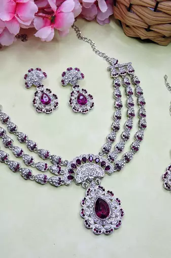 Purple rhodium premium designer american diamond and stone work necklace set