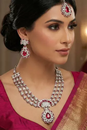 Pink rhodium premium designer american diamond and stone work necklace set