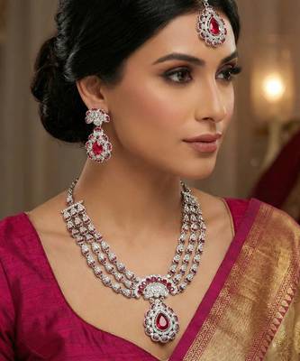 Pink rhodium premium designer american diamond and stone work necklace set 2