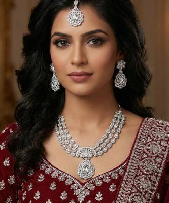 White rhodium premium designer american diamond and stone work necklace set 1
