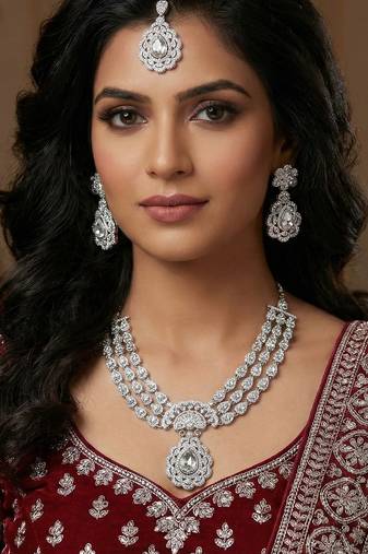 White rhodium premium designer american diamond and stone work necklace set