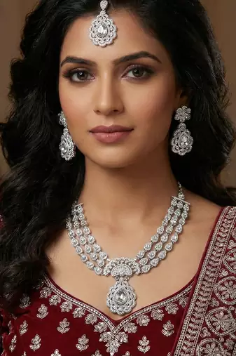 White rhodium premium designer american diamond and stone work necklace set