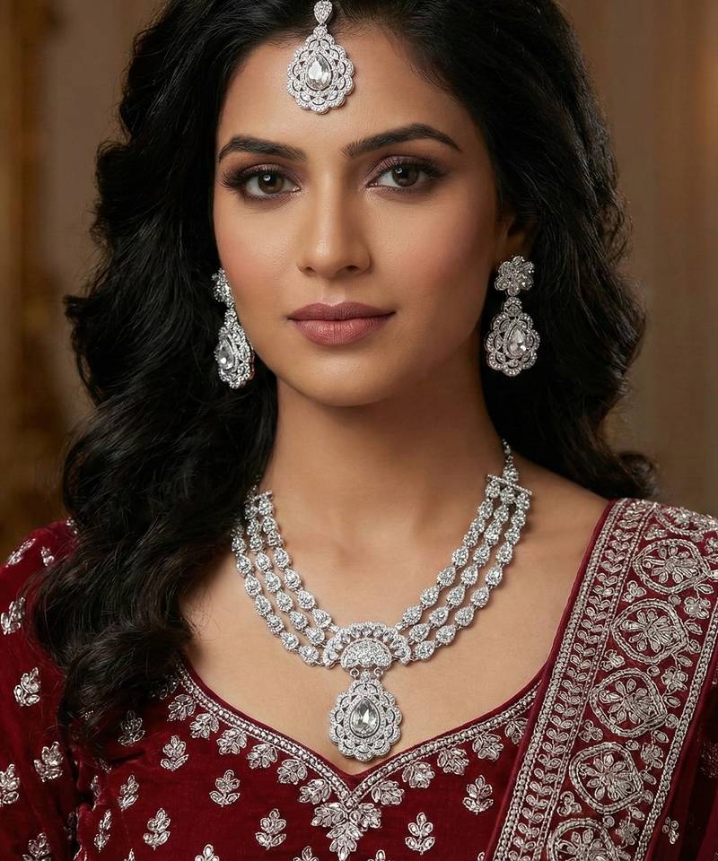 White rhodium premium designer american diamond and stone work necklace set