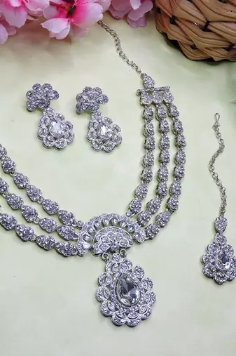 White rhodium premium designer american diamond and stone work necklace set