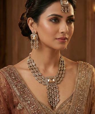 Gold yellow gold premium designer american diamond and stone work necklace set 1