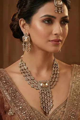 Gold yellow gold premium designer american diamond and stone work necklace set