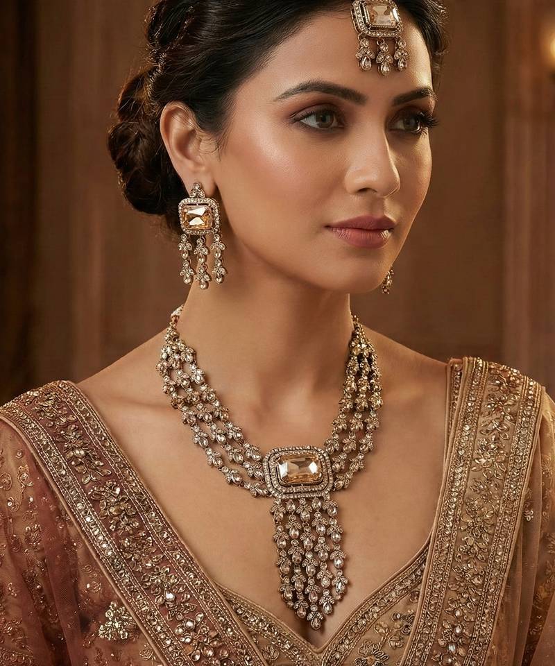 Gold yellow gold premium designer american diamond and stone work necklace set