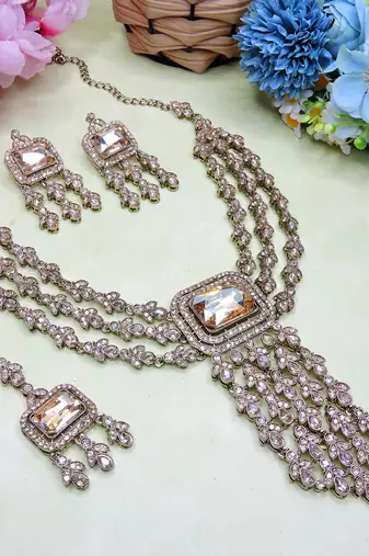Gold yellow gold premium designer american diamond and stone work necklace set