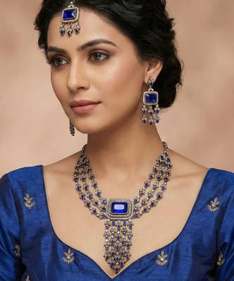 Blue yellow gold premium designer american diamond and stone work necklace set 1