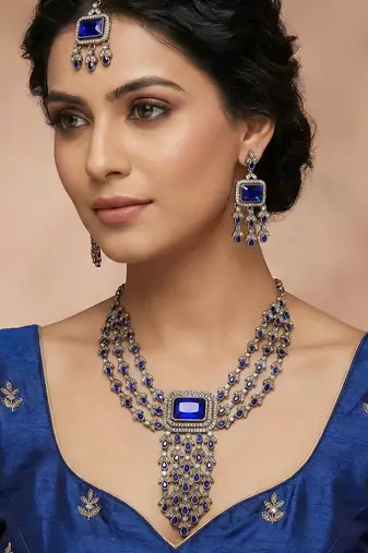 Blue yellow gold premium designer american diamond and stone work necklace set