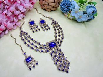 Blue yellow gold premium designer american diamond and stone work necklace set 2