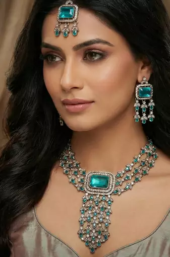 Green yellow gold premium designer american diamond and stone work necklace set