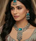Green yellow gold premium designer american diamond and stone work necklace set