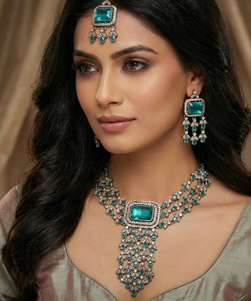 Green yellow gold premium designer american diamond and stone work necklace set