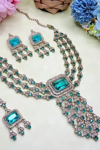 Green yellow gold premium designer american diamond and stone work necklace set