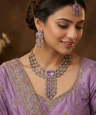Purple yellow gold premium designer american diamond and stone work necklace set 1