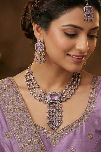 Purple yellow gold premium designer american diamond and stone work necklace set