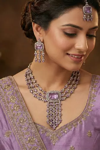 Purple yellow gold premium designer american diamond and stone work necklace set
