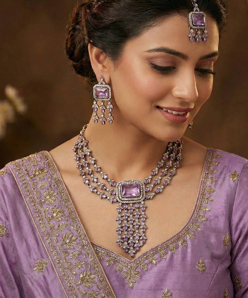 Purple yellow gold premium designer american diamond and stone work necklace set
