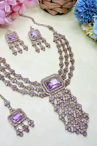 Purple yellow gold premium designer american diamond and stone work necklace set