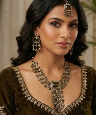 Green yellow gold premium designer american diamond and stone work necklace set 1