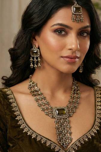 Green yellow gold premium designer american diamond and stone work necklace set