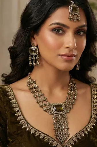 Green yellow gold premium designer american diamond and stone work necklace set