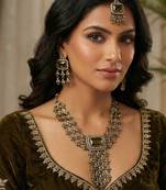 Green yellow gold premium designer american diamond and stone work necklace set