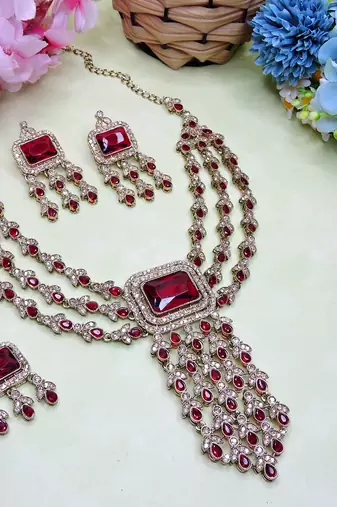 Maroon yellow gold premium designer american diamond and stone work necklace set