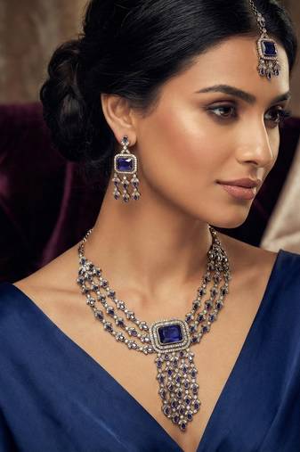 Blue yellow gold premium designer american diamond and stone work necklace set