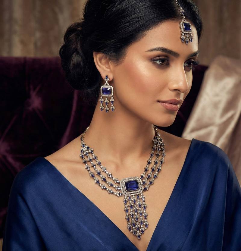 Blue yellow gold premium designer american diamond and stone work necklace set