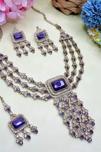Blue yellow gold premium designer american diamond and stone work necklace set