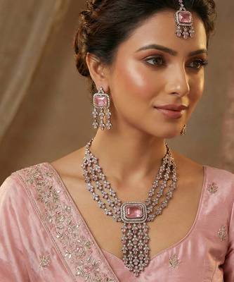 Pink yellow gold premium designer american diamond and stone work necklace set 1