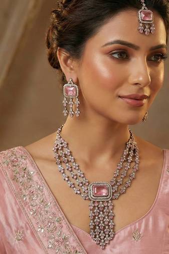 Pink yellow gold premium designer american diamond and stone work necklace set
