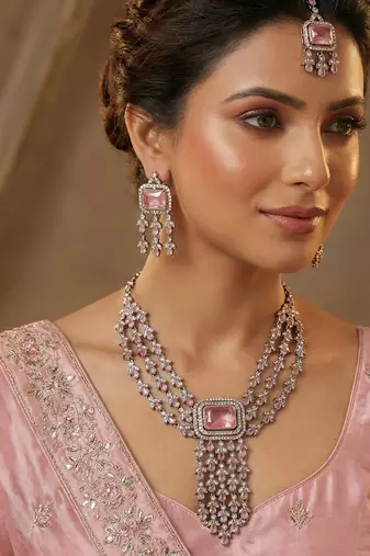 Pink yellow gold premium designer american diamond and stone work necklace set