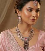 Pink yellow gold premium designer american diamond and stone work necklace set