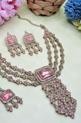 Pink yellow gold premium designer american diamond and stone work necklace set
