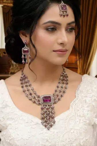 Purple yellow gold premium designer american diamond and stone work necklace set